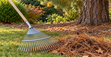 A metal fan rake rests on grass beside a pile of dry pine needles beneath a pine tree.