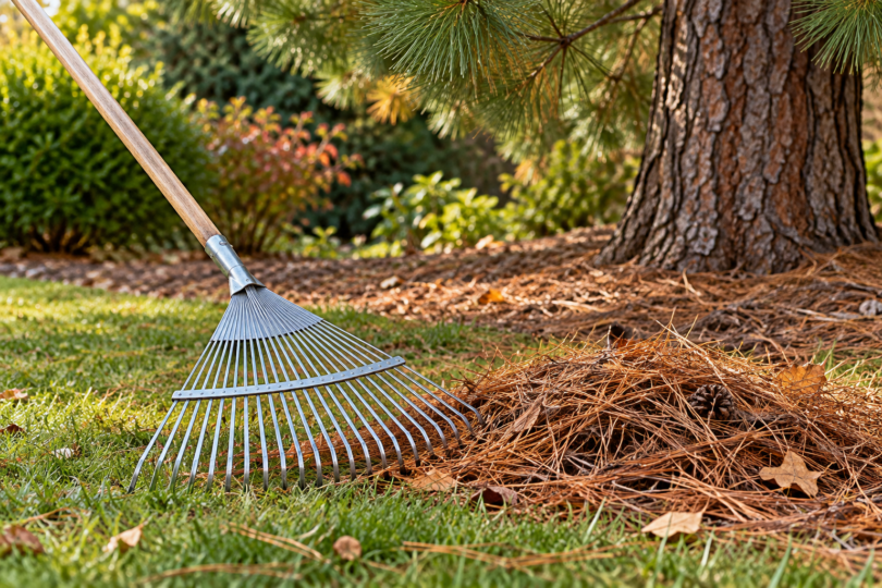 A metal fan rake rests on grass beside a pile of dry pine needles beneath a pine tree.