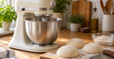 Unbranded cream stand mixer with a stainless bowl beside three pizza dough balls, flour and a bench scraper on a wooden worktop.