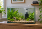 A planted glass aquarium with a black sponge filter and an air pump on a shelf above the waterline.