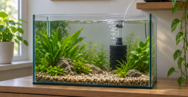A planted glass aquarium with a black sponge filter and an air pump on a shelf above the waterline.
