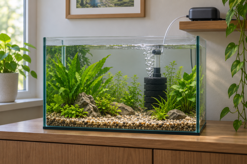A planted glass aquarium with a black sponge filter and an air pump on a shelf above the waterline.