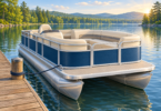 Illustration of an unbranded blue pontoon boat moored beside a wooden dock on a calm wooded lake