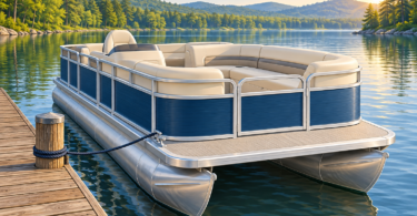 Illustration of an unbranded blue pontoon boat moored beside a wooden dock on a calm wooded lake
