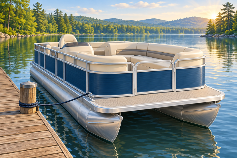 Illustration of an unbranded blue pontoon boat moored beside a wooden dock on a calm wooded lake