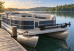 Illustration of an unbranded pontoon moored beside a dock with a generic trolling motor stowed across the bow