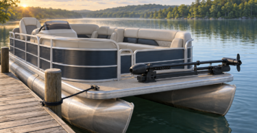 Illustration of an unbranded pontoon moored beside a dock with a generic trolling motor stowed across the bow
