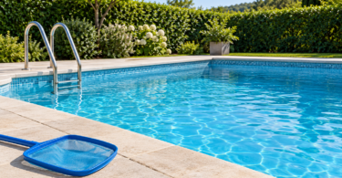 A blue skimmer net rests on pale stone decking beside a blue swimming pool with a metal ladder and green hedges
