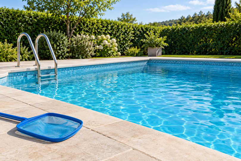 A blue skimmer net rests on pale stone decking beside a blue swimming pool with a metal ladder and green hedges
