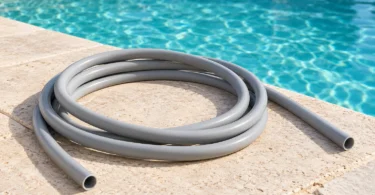 A smooth gray hose coiled on a pale stone deck beside turquoise swimming-pool water