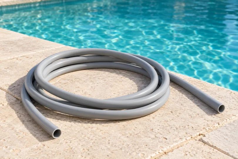 A smooth gray hose coiled on a pale stone deck beside turquoise swimming-pool water