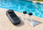 Unbranded pool-water photometer beside two capped sample vials and a sealed sachet on a poolside table.