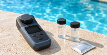 Unbranded pool-water photometer beside two capped sample vials and a sealed sachet on a poolside table.