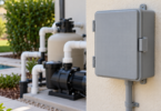 A generic closed gray outdoor electrical enclosure on a wall with pool equipment softly blurred in the background.