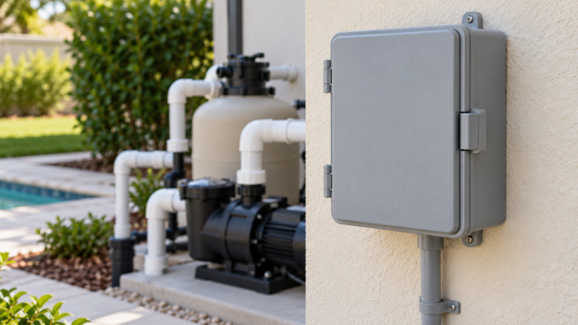 A generic closed gray outdoor electrical enclosure on a wall with pool equipment softly blurred in the background.