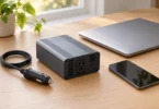 A generic gray power inverter, disconnected vehicle power plug, closed laptop and phone on a wooden table