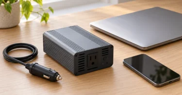 A generic gray power inverter, disconnected vehicle power plug, closed laptop and phone on a wooden table