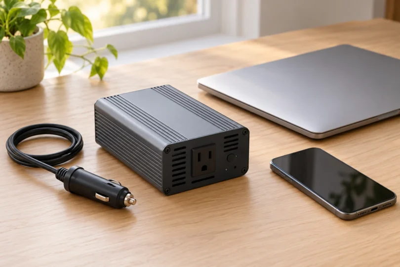 A generic gray power inverter, disconnected vehicle power plug, closed laptop and phone on a wooden table