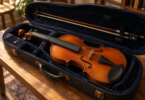 A brown acoustic violin rests in an open dark-lined case with a bow secured in the lid.