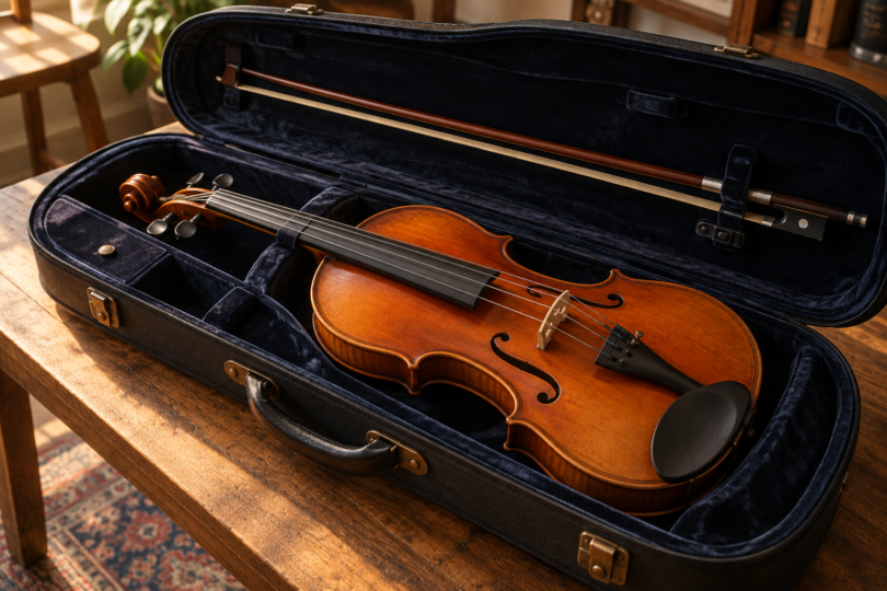 A brown acoustic violin rests in an open dark-lined case with a bow secured in the lid.