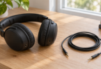 Black over-ear headphones beside a loosely coiled unplugged audio cable on a wooden desk.
