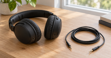 Black over-ear headphones beside a loosely coiled unplugged audio cable on a wooden desk.