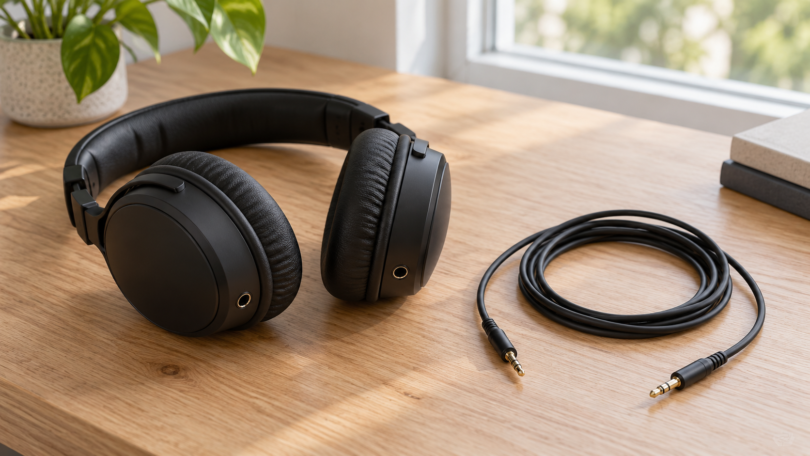 Black over-ear headphones beside a loosely coiled unplugged audio cable on a wooden desk.