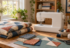 Unbranded white sewing machine beside folded patchwork quilts, fabric pieces and thread on a sunlit wooden table.