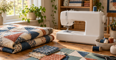 Unbranded white sewing machine beside folded patchwork quilts, fabric pieces and thread on a sunlit wooden table.