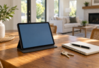 An unbranded tablet with a blank blue screen stands in a dark folio on a wooden table beside house keys, a notebook and a black pen.