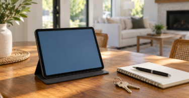 An unbranded tablet with a blank blue screen stands in a dark folio on a wooden table beside house keys, a notebook and a black pen.