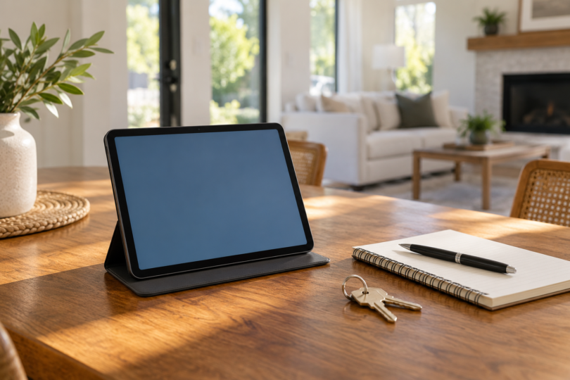An unbranded tablet with a blank blue screen stands in a dark folio on a wooden table beside house keys, a notebook and a black pen.