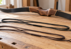 Black and brown replacement bowstrings coiled on a wooden workbench in front of an unstrung recurve bow.