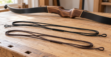 Black and brown replacement bowstrings coiled on a wooden workbench in front of an unstrung recurve bow.