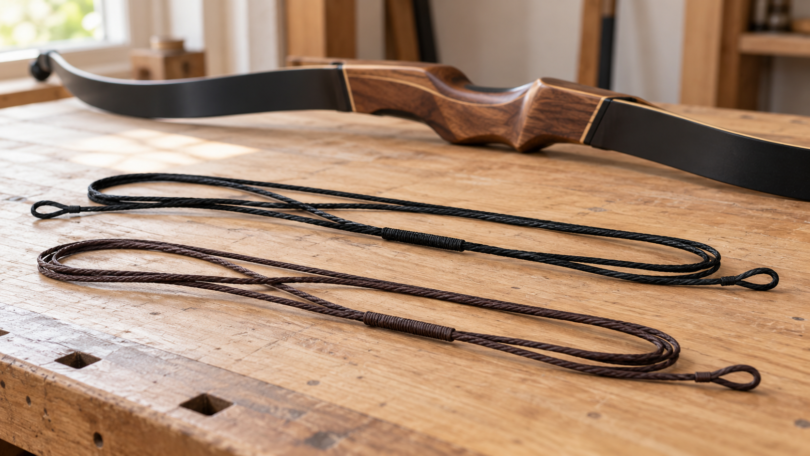Black and brown replacement bowstrings coiled on a wooden workbench in front of an unstrung recurve bow.