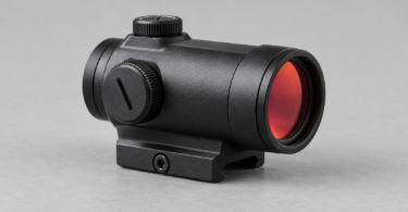 A generic unbranded black tubular optical sight rests unattached on a light-gray tabletop.