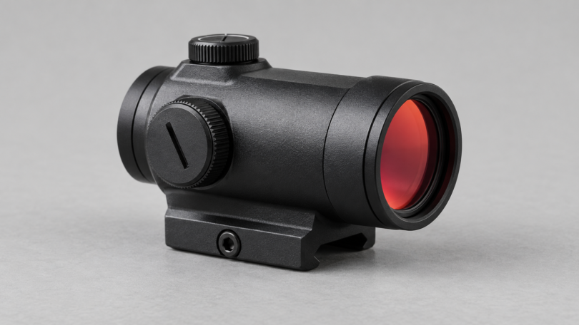 A generic unbranded black tubular optical sight rests unattached on a light-gray tabletop.