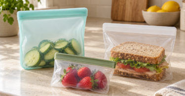Three resealable food bags hold cucumber slices, a sandwich and strawberries on a kitchen counter.