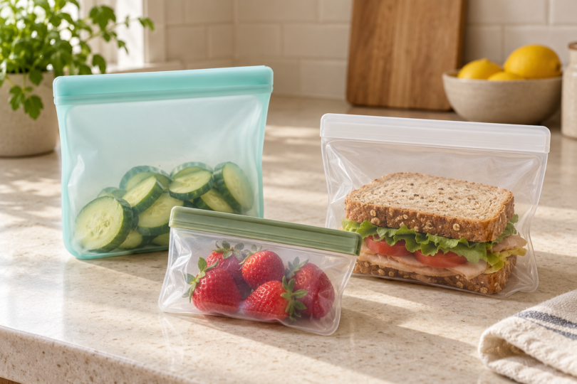 Three resealable food bags hold cucumber slices, a sandwich and strawberries on a kitchen counter.
