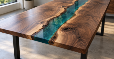 A finished walnut river table has a blue-green resin channel between natural wood edges and black metal legs in a sunlit room.