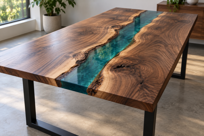A finished walnut river table has a blue-green resin channel between natural wood edges and black metal legs in a sunlit room.