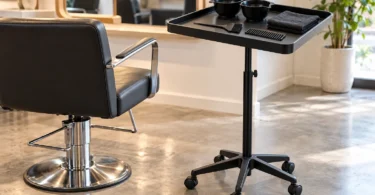 A black rolling salon tray holding two tint bowls, a tint brush, a comb and a folded towel beside a styling chair