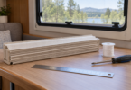 A folded beige pleated shade, white cord spool, ruler and screwdriver on a wooden worktop beside a camper window.