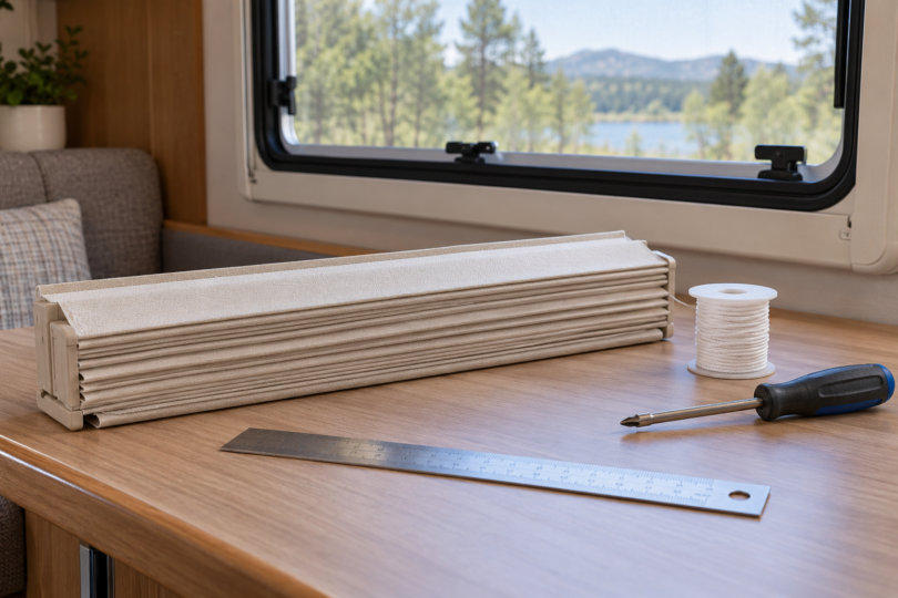 A folded beige pleated shade, white cord spool, ruler and screwdriver on a wooden worktop beside a camper window.