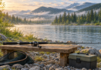 Illustration of a fishing rod resting on a wooden bench beside a river, with a net and closed tackle box