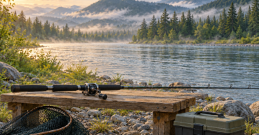 Illustration of a fishing rod resting on a wooden bench beside a river, with a net and closed tackle box