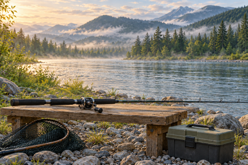 Illustration of a fishing rod resting on a wooden bench beside a river, with a net and closed tackle box