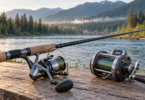 An unbranded spinning reel on a cork-handled rod and a separate conventional line-counter reel on a wooden bench beside a forested river.