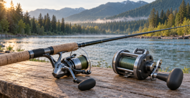 An unbranded spinning reel on a cork-handled rod and a separate conventional line-counter reel on a wooden bench beside a forested river.