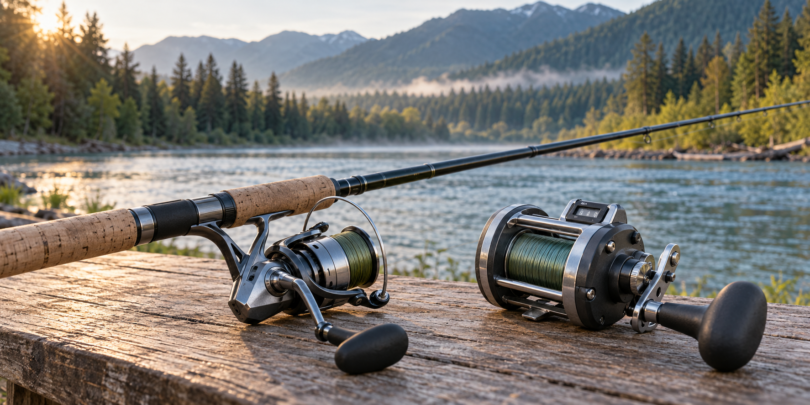 An unbranded spinning reel on a cork-handled rod and a separate conventional line-counter reel on a wooden bench beside a forested river.